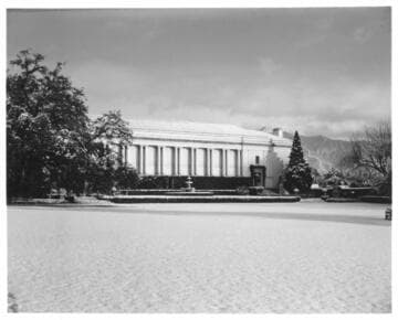 Huntington grounds south of the library building after snowfall, January 11, 1949