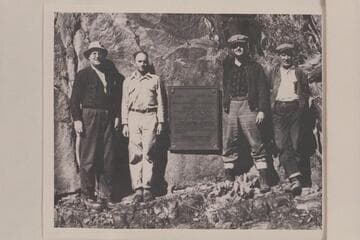 Ed Hudson, Harry Aleson, Hugh Brown and Fred Swenson at Separation Plaque after failure of Aleson's up-river attempt