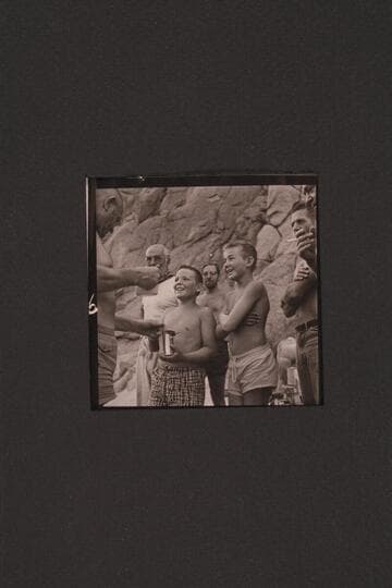 Buzzy Belknap and Spence Cavalliere register the terrors which they experienced during their traverse of the lower part of the Grand Canyon in 1954, June.  Willie Taylor provides the terror out of photo at left  .Masland and Visbak watch from rear