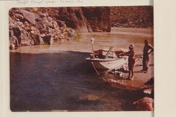 Marson fishing in Tapeats Creek, Taylor watching.  The "Esmeralda" in the lagoon