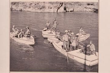 The 1948 party, under Nevills leadership, lined up for photographers near Emory Falls; Lake Mead in lower Grand Canyon