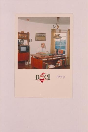 Xmas card from Jorgen Visbak 1973 which shows him sitting on his desk at 2652 Lake View Terrace E in Los Angeles [manuscript notes from Visbak to Dock Marston on reverse]