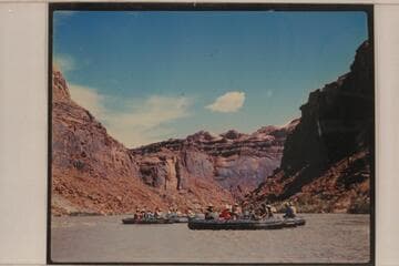 Georgie White's inflated boats at the section below Piute Farms on the San Juan River.  Georgie at nearer oar in right hand boat.  Last of May