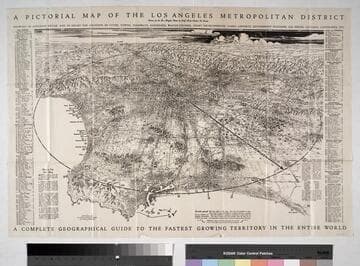 A Pictorial Map of the Los Angeles Metropolitan District : Showing in accurate detail and in relief the location of Cities, Towns, Highways, Railroads, Watercourses, Coast Developments, Parks, Airports, Government Stations, Oil Fields, Natural Landmarks, Etc. / Drawn for the Los Angeles Times by Staff Artist Charles H. Owens