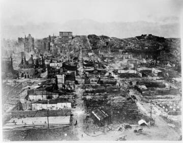 San Francisco after the fire of April, 1906.  Looking up from Ferry Building Tower