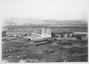 Mission Santa Barbara showing Indian quarters and surrounding country
