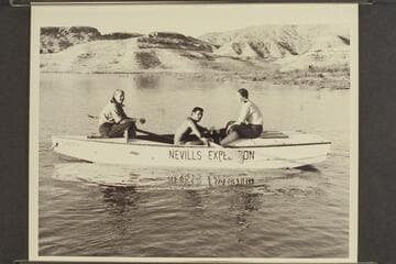 Garth Marston with Zoe [left] and Anne Desloge on Lake Mead at the end of 1947 Colorado River run