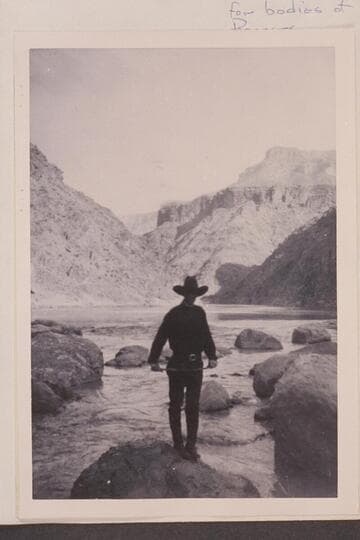Picture of myself that I know to have been taken at Hermit Rapids.  To be used in comparison with the two Pathe-Bray pictures.  (Ray Tankersley, 1953, Oct.)  The view is upstream from Hermit Rapids