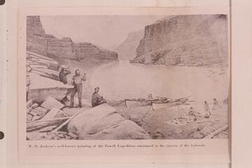 W. H. Jackson's well-known painting of the Powell Expedition encamped in the canyon of the Colorado.  The chair would indicate it was the 1871-1872 party.  The terrain is imaginary