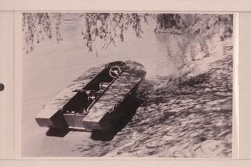 18 foot unit in the water at Lees Ferry; Disney Reconnaissance.  Rigged for outboard powering, the boat is of metal and built by Seth Smith of Pheonix to the design of Jimmy Jordan
