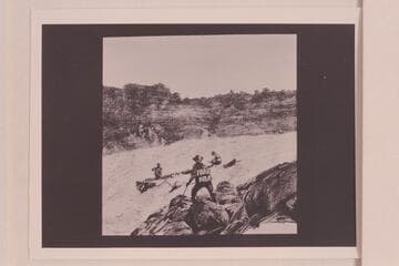 [print from Slide No. 52, Edwards colection, Huntington Library--a drawing]  Getting an Unloaded Boat down a Rapid with Lines