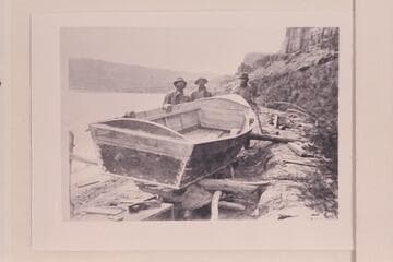 John Ginty; George Uden; Timothy O'Keefe.  Working on "Nancy Lee" at mouth of Crescent Creek.  The "Nancy Lee" was used as one of the two boats to traverse Glen Canyon in 1897-1898 as a reconnaissance survey