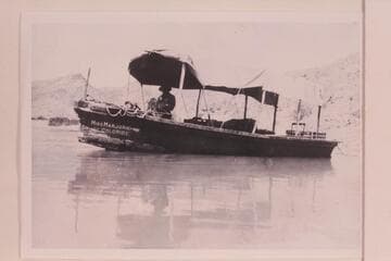 "Miss Marjorie of Chloride," Albert Jagerson motor boat.  26-28-ft. tunnel boat with Continental truck engine.  Lost by being hung on a bar.  First boat built by Al Jagerson.  Picture taken at Gumbo Wash