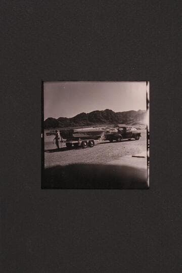 Boat "I" on Claude Nichols' trailer at Boulder City.  The cradle was rigged for putting the second boat on top.  The boats were hauled back to Burbank and stored