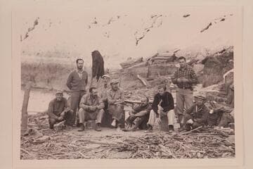 Eddie McKee is third from right.  Caltech party camped with Buzz Holmstrom.  Below and opposite Travertine Creek.  Frank Dodge; Johnny Maxson; Ian Campbell; Merrill Spencer; Buzz Holmstrom; Eddie McKee; Bob Sharp; John Stark