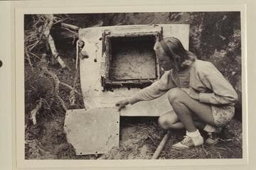 Shirley Morse Marston.  Examining the stern section of the "Lota-ve" at the foot of Triplett Falls in the Canyon of Lodore