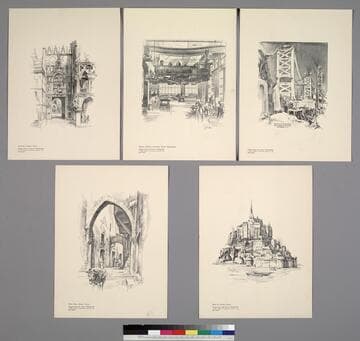 Five advertising flyers displaying copies of original art work by Earl Horter