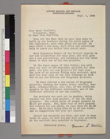 Two promotional letter which advertise Stover School Art Service, Birmingham, Michigan