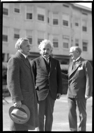 Albert Einstein with Albert Michelson and an unidentified man, 1931
