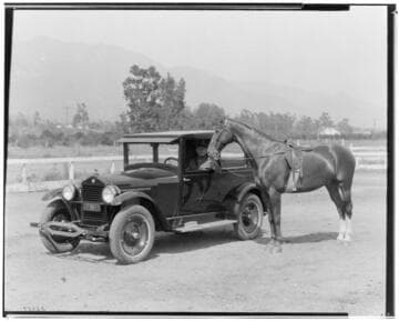 Essex Coach, horse, and rider at Altadena Riding Academy, Altadena. 1925