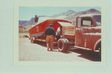 "Big Red" is towed in from Florida and prepared for launching. Lees Ferry