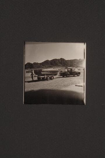 Boat I on Claude Nichols' trailer at Boulder City. The cradle was rigged to carry the second boat on top. the two boats were hauled back to Hollywood and stored