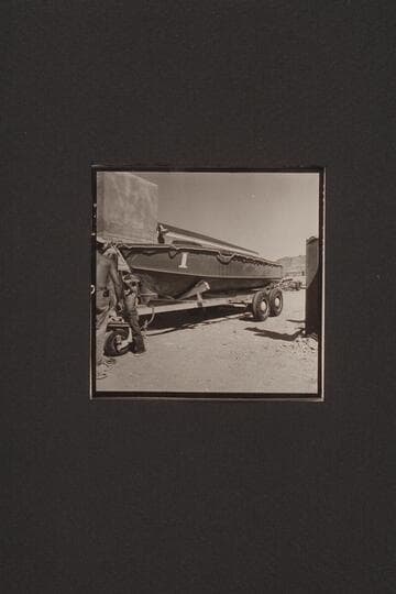 Boat I on Claude Nichols' trailer at Boulder City. The cradle was rigged to carry the second boat on top. the two boats were hauled back to Hollywood and stored