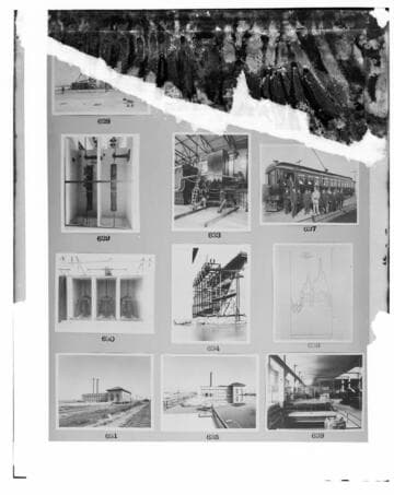 This is a multi-image negative that depicts Long Beach Steam Plant, Pacific Electric cars, and a chart. Undamaged images included on the plate are copies of original negatives: 02 - 00629; 02
