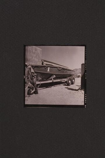 Boat "I" on Claude Nichols' trailer at Boulder City. The cradle was rigged for putting the second boat on top. The boats were hauled back to Burbank and stored